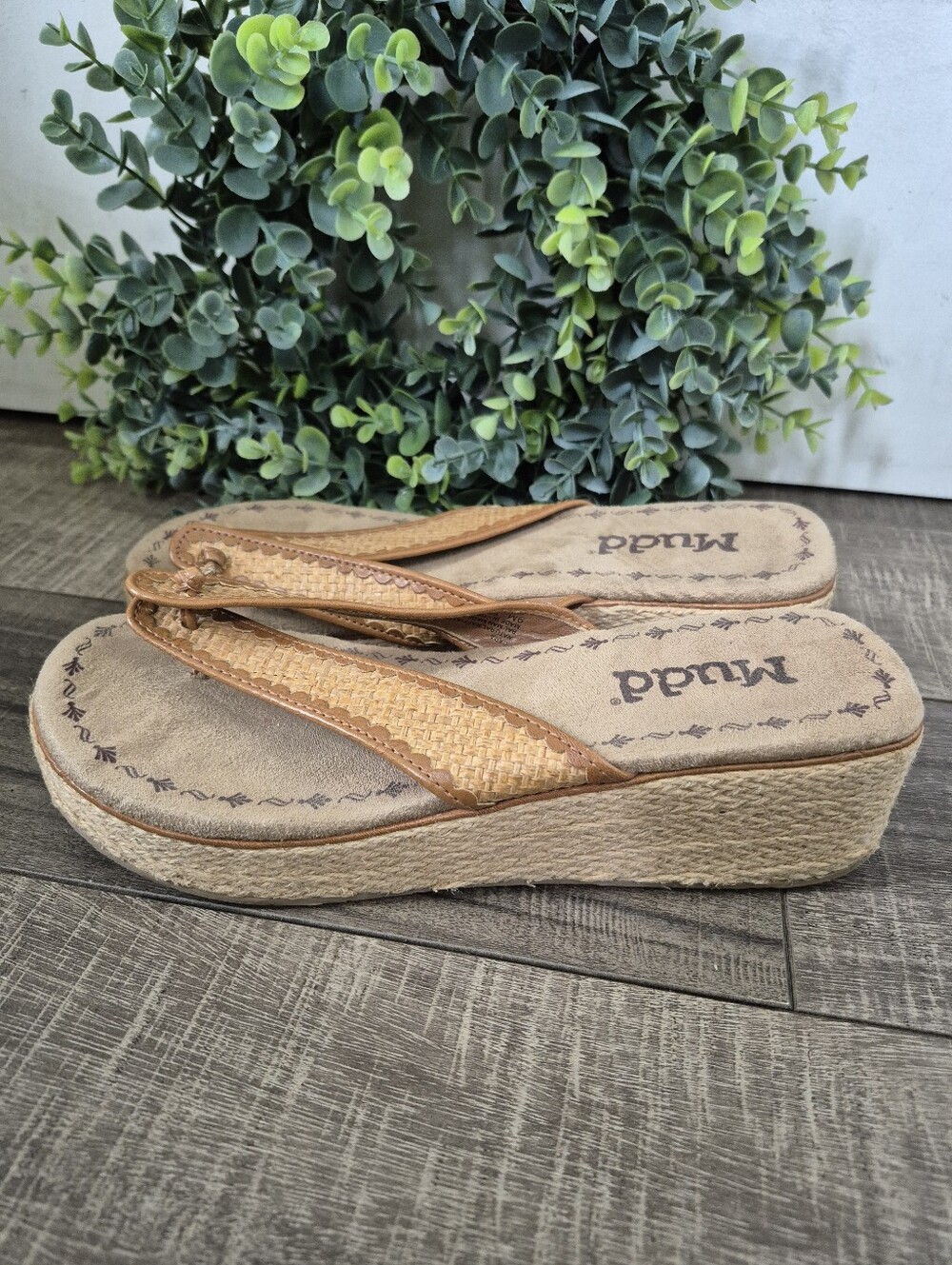 Vintage Mudd Cara Y2K 90s Woven Raffia Platform Flip Flop Sandals Womens Size 9